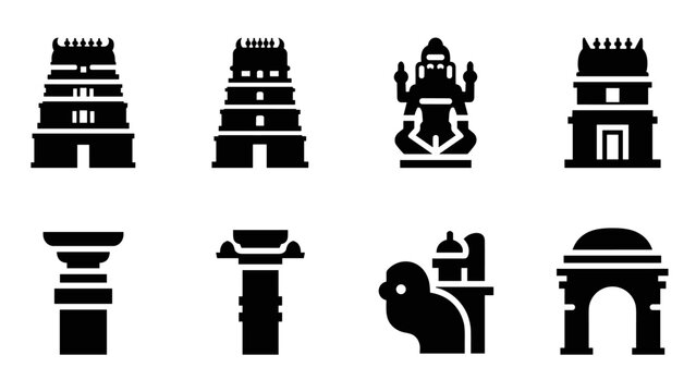 Silhouette icons of indian architectural landmarks and temples in minimal design