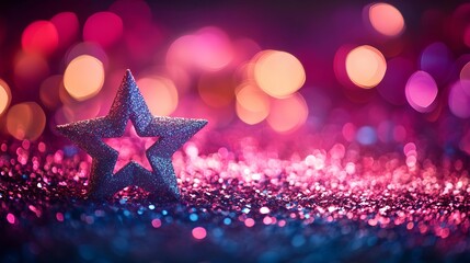 Festive star glitter banner with colorful bokeh on dark magenta backdrop