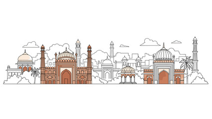 Linear outline of iconic taj mahal and agra architectural landmarks