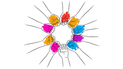 Colorful collaborative hands in circular harmony on white background