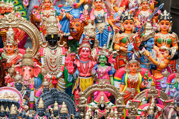 Hindu gods and goddess dolls at street Market for golu festival