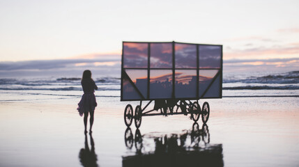 Woman silhouette watching mobile screen art installation on reflective beach at sunset, contemplative mood, pastel sky, ocean horizon
