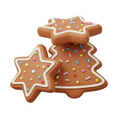 3D cartoon Christmas gingerbread tree and star shape isolated on transparent background, PNG file