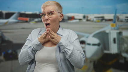 Middle age woman clutching chest at busy airport terminal gate, mouth open and hands clasped to...