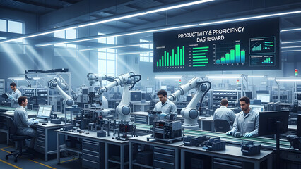 Industrial Factory with Workers and Robots Monitoring Productivity Dashboard on Large Screen