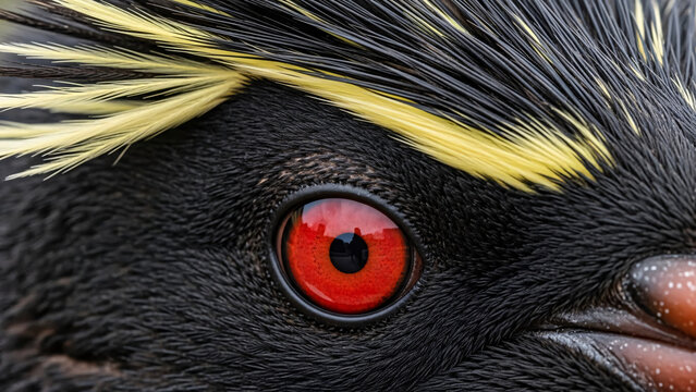 Close-up of a Penguin Eye with Vibrant Red Iris and Yellow Crest