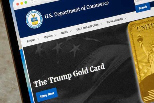 Portland, OR, USA - Jan 14, 2026: Advertising for the Trump Gold Card, a proposed type of investor visa leading to a residency permit for the U.S., is seen on the Department of Commerce's website.