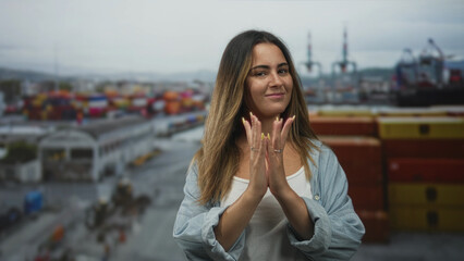 Woman with hands clasped and smiling at port container terminal, wearing casual shirt; serenity...