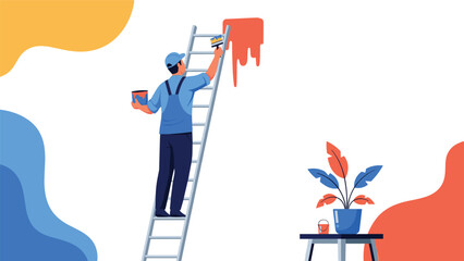 Professional house painter wearing a blue uniform and cap stands on a tall ladder while applying vibrant orange paint to a white wall.