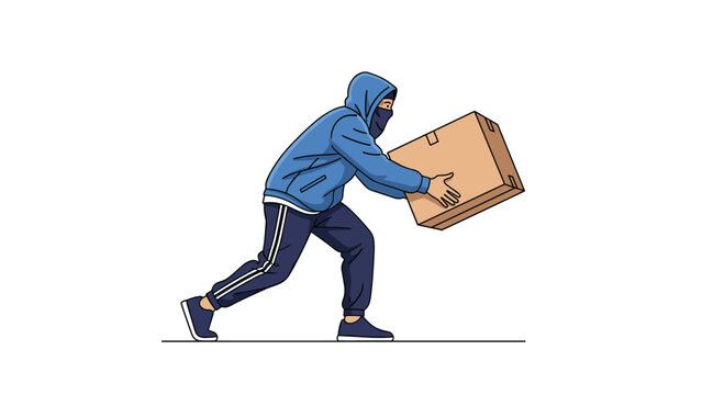 Person wearing a blue hooded sweatshirt and a face mask runs while carrying a stolen cardboard package in a flat illustration style.