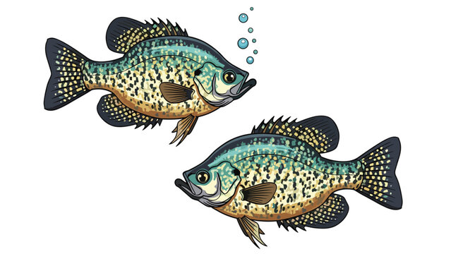 Two detailed illustrations of speckled crappie fish swimming through water with small bubbles rising from the mouth of the top fish.