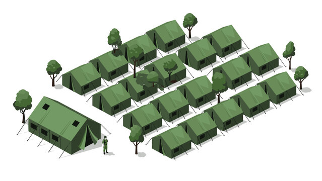 Isometric view of a military or humanitarian aid camp featuring rows of green canvas tents and a single soldier standing guard duty.