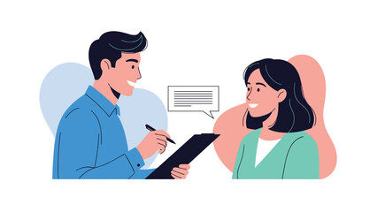 Fototapeta premium Friendly man in a blue shirt taking notes on a clipboard while conducting an interview or consultation with a smiling woman in a green top.