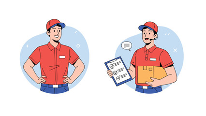 Two delivery service professionals in red uniforms with one holding a package and a clipboard for tracking orders and customer satisfaction.