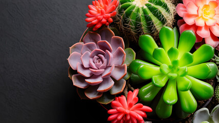 Colorful succulent and cactus arrangement on dark background with copy space