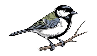 Great Tit Bird Engraving Illustration on Branch – Hand Drawn Line Art Vector © MdLiton