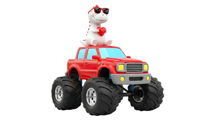 Cartoon Dinosaur with Heart on Monster Truck