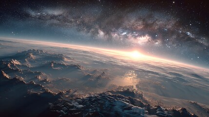 Fototapeta premium Cinematic view of Planet Earth from space with a sunrise over the curved horizon and a glorious milky way and stars in the background.