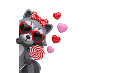 Cute Raccoon Character with Heart Sunglasses and Lollipop