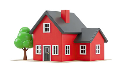 3D Render of a Red House with a Green Tree