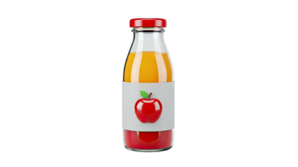 Glass bottle of apple juice with red apple logo