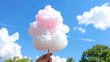Hand holding a white and pink cotton candy resembling clouds, against a bright sky background.