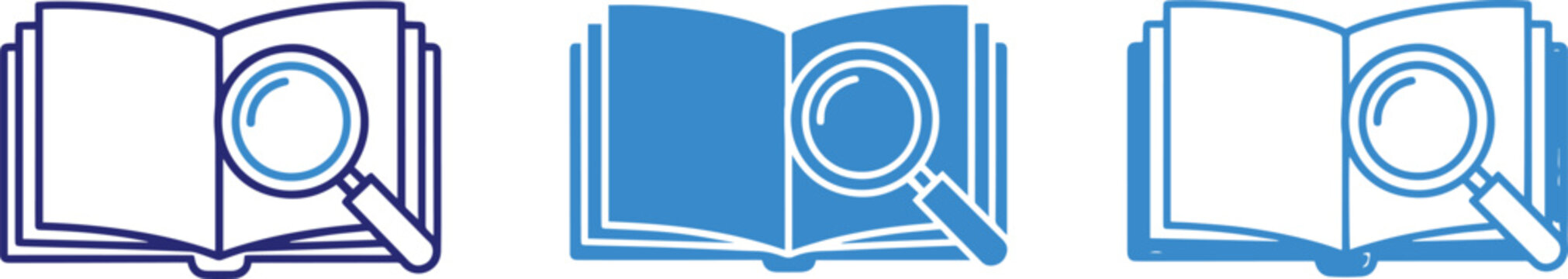 Open book with magnifying glass, outline and filled styles, searching