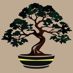 Japanese bonsai. Potted plant, garden decorations. Mini tree, vector drawing.