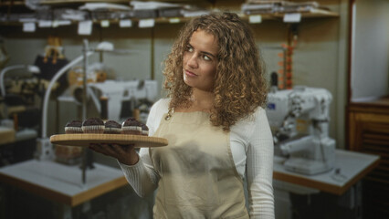 Woman holding and presenting a wooden tray of chocolate muffins with a frown and visible face in studio; quiet disapproval.