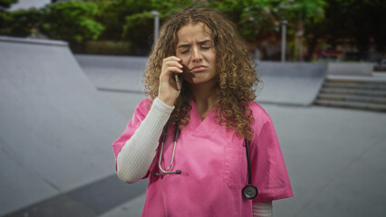 Young woman in pink medical scrubs with stethoscope holds smartphone to ear in street skatepark near ramps and stairs, talking on phone; concern urgency.