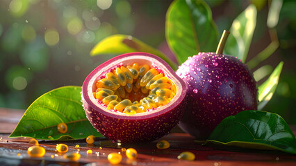 Delicious and healthy fruits; juicy tropical fruits; delightful ripe passion fruit.