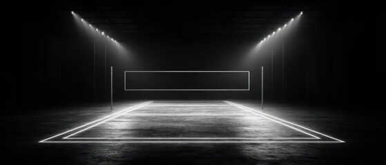 Volleyball Court Strategy concept. Minimalist illuminated tennis court in a dark setting.