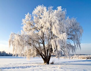 A large weeping tree, covered in frost, stands in a snowy landscape under a clear, bright blue sky