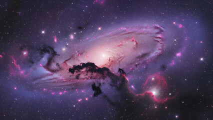 Swirling Purple and Pink Galactic Nebula with Bright Central Core and Dark Dust Clouds