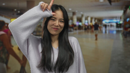 Chinese woman indoors at airport terminal making playful loser gesture with her hand and smiling...