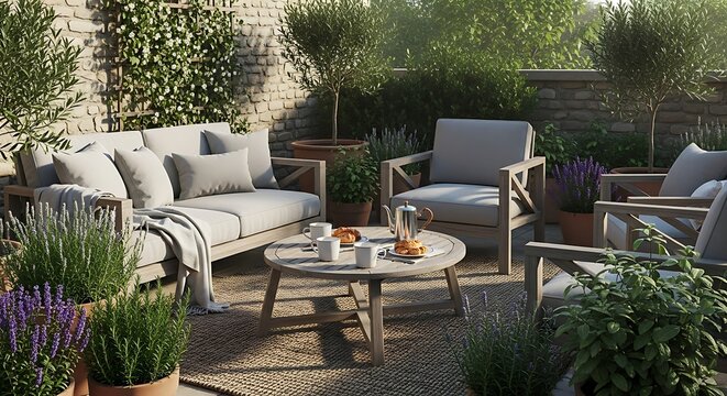 Relaxing outdoor lounge with a rustic stone backdrop and cozy decor