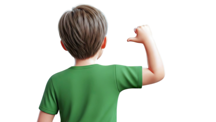 Boy flexing arm, wearing green t-shirt, isolated