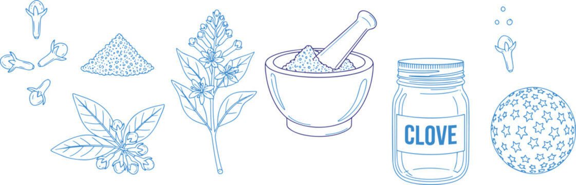 Collection of clove spice and mortar pestle icons