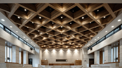 Courtroom ceiling ventilation symmetry pattern showing geometric alignment, clean architectural detailing, modern justice interior reference texture for legal presentation layouts