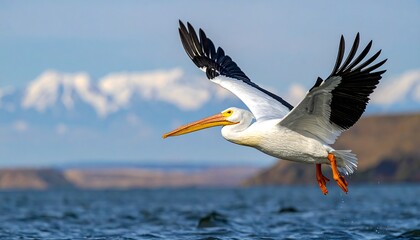 A large, white bird with black wingtips soars over water, a mountain range in the background, under a blue sky