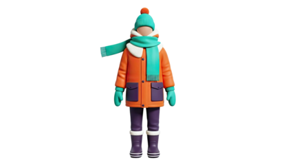 Stylized winter figure in orange coat and green accessories