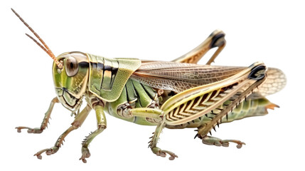 Green grasshopper perched naturally isolated on a white background