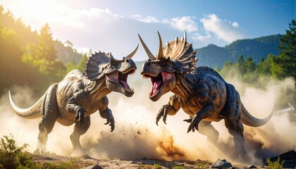 Realistic Clash of Horned Dinosaurs in Mating Season