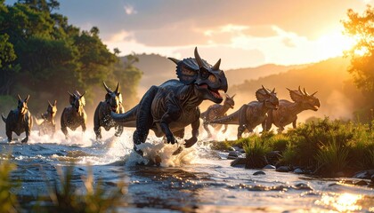 Realistic Horned Dinosaurs Crossing a River at Dusk
