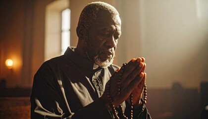 Elderly Man Holding Rosary in Deep Reflection