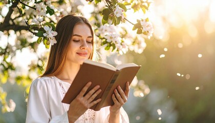 Woman Enjoying Quiet Moment Reading Under Blossom Tree