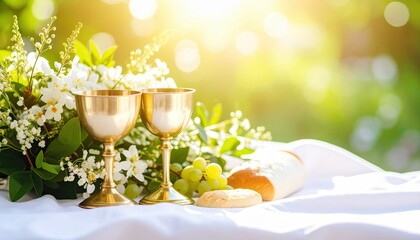 Communion Elements on White Cloth with Soft Sunlight