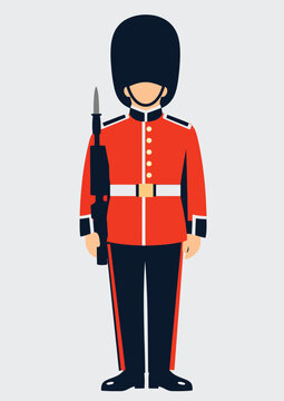 061-16-Royal guard soldier standing at attention, wearing red uniform and bearskin hat