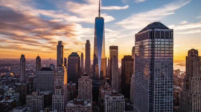 Aerial hyperlapse of New York City skyline and One World Trade Center at sunset with moving clouds.