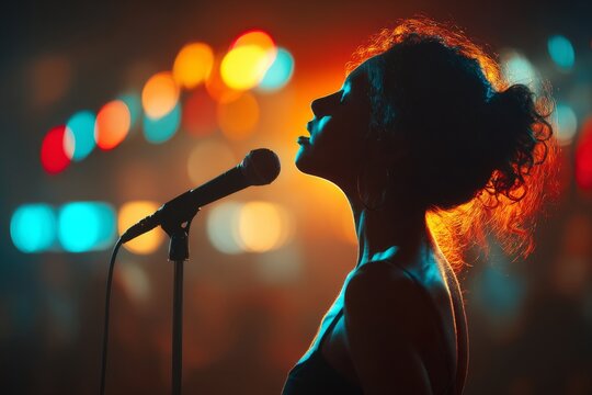 Silhouette of a female rapper performing under concert lights and smoke